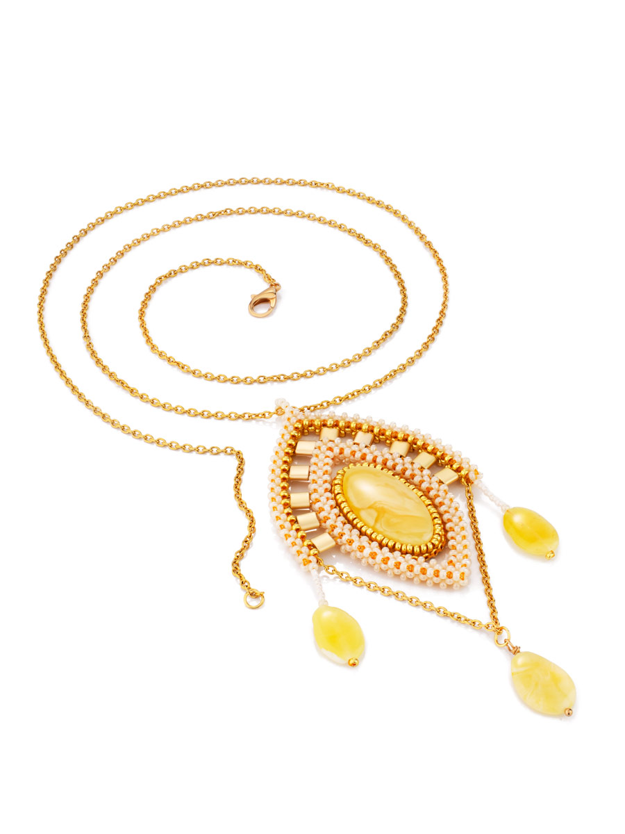 Нежное изящное колье из натурального янтаря и бисера «Лукоморье»