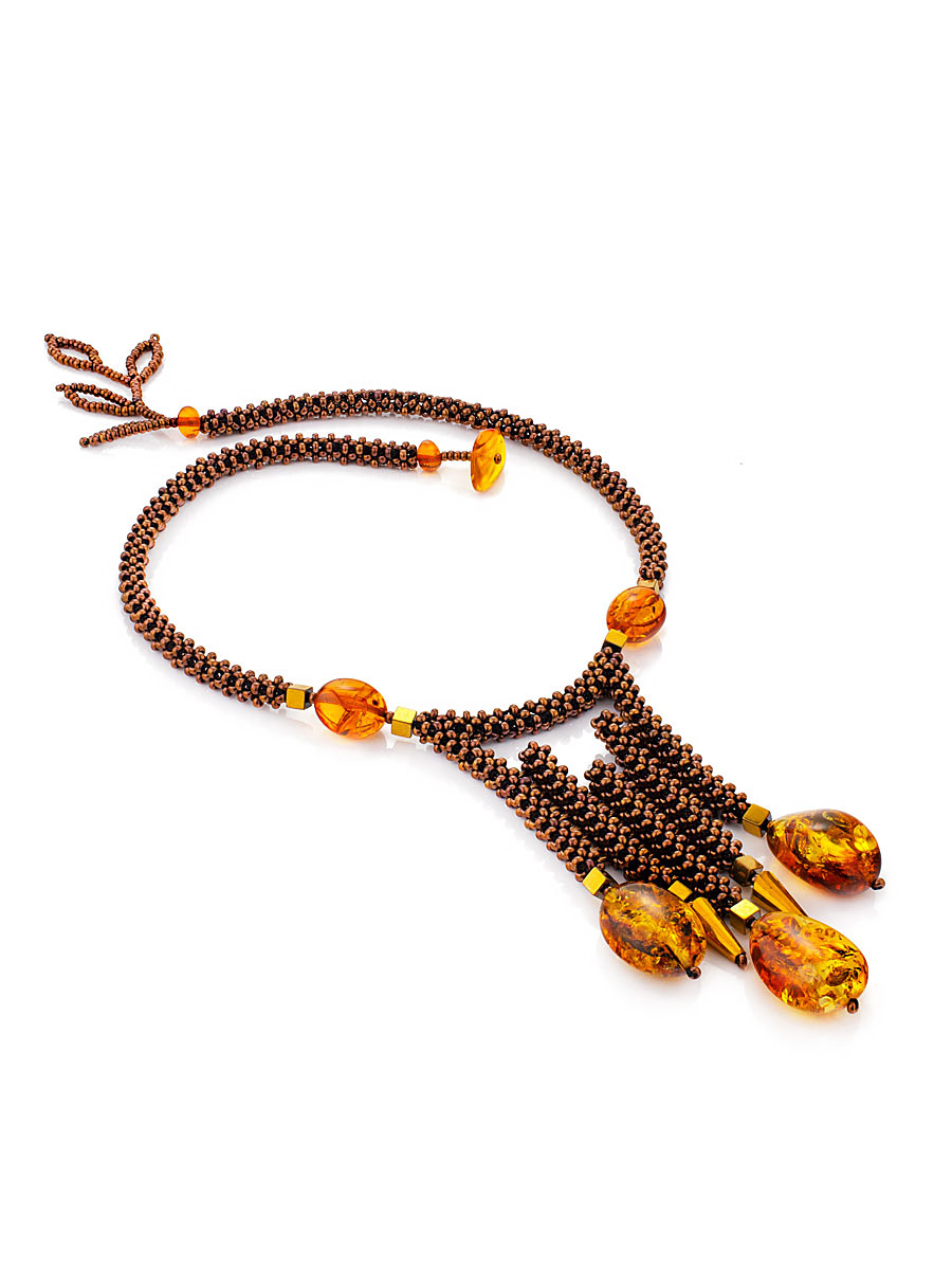 Красивое плетёное колье из бисера и натурального янтаря «Лукоморье»