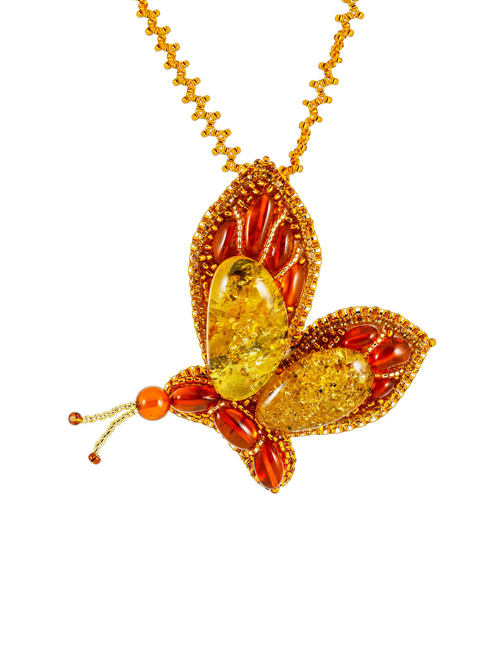 Колье с брошью-бабочкой «Лукоморье» из янтаря и бисера