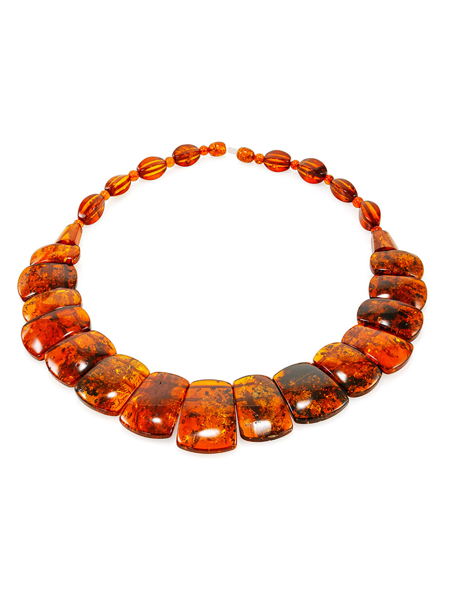 Стильное плоское колье из натурального балтийского янтаря коньячного цвета