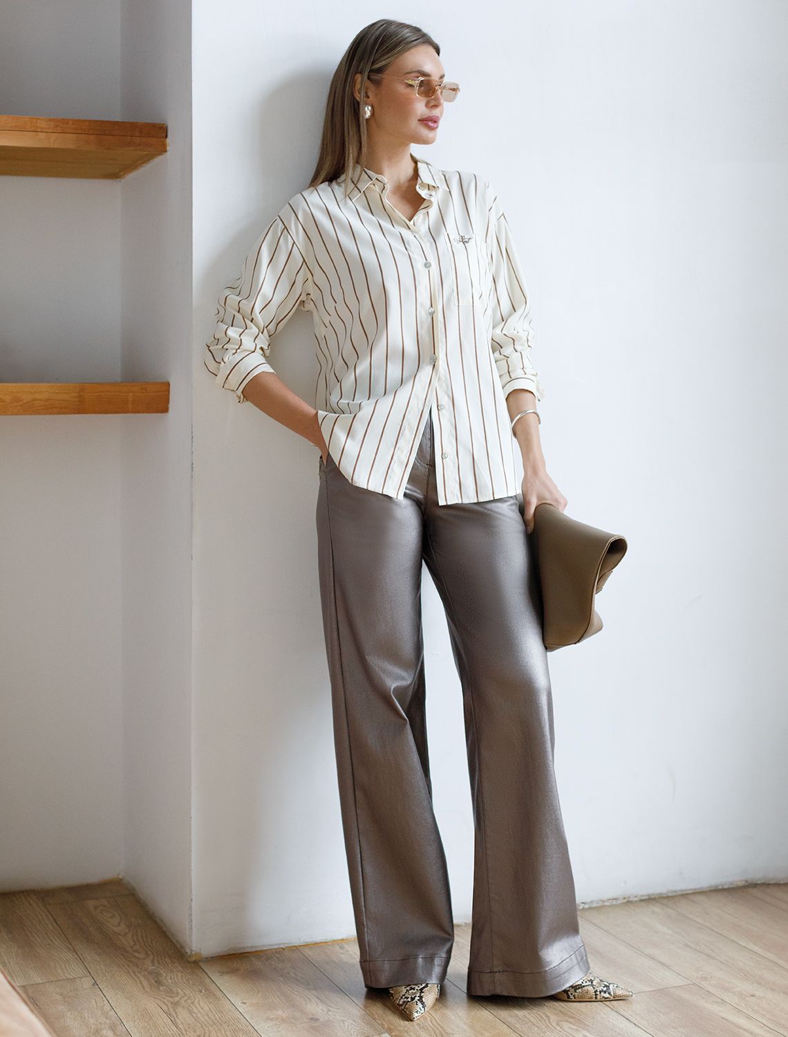 Джинсы трубы металлик прямые из эластичного денима