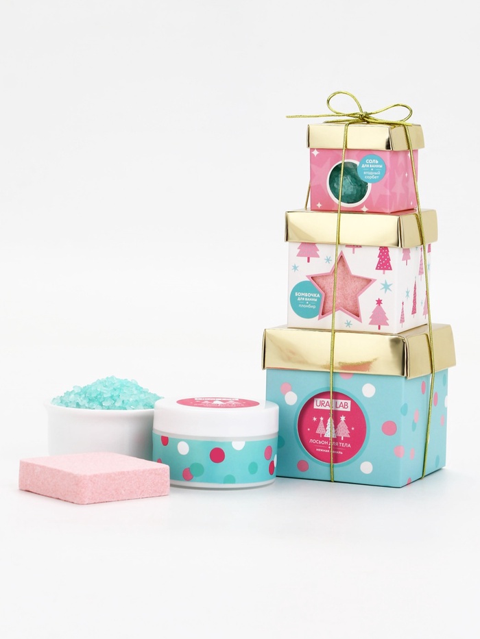 Подарочный набор новогодний, лосьон для тела, соль и бомбочка для ванны, URAL LAB
