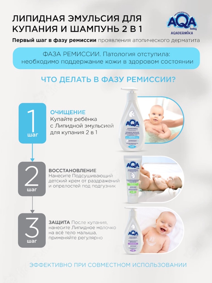 Эмульсия для купания малыша и шампунь 2 в 1 AQA DERMIKA липидная, 250 мл