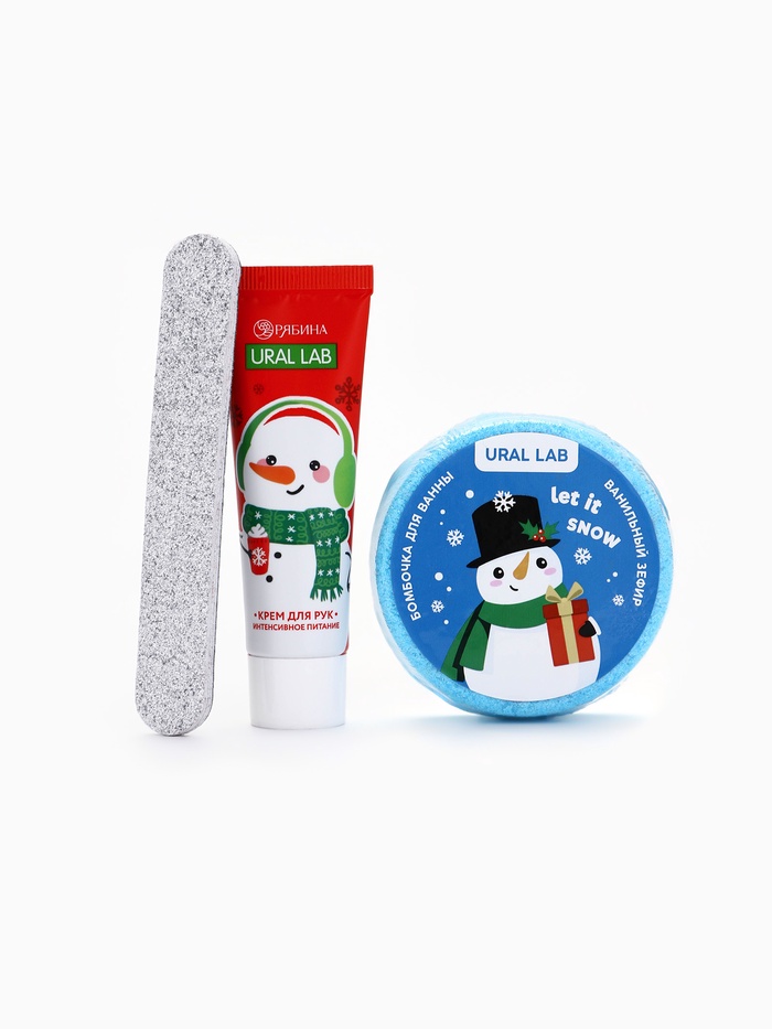 Подарочный набор в новогоднем носке «Снеговик», крем для рук, бомбочка для ванны и пилка для ногтей, URAL LAB