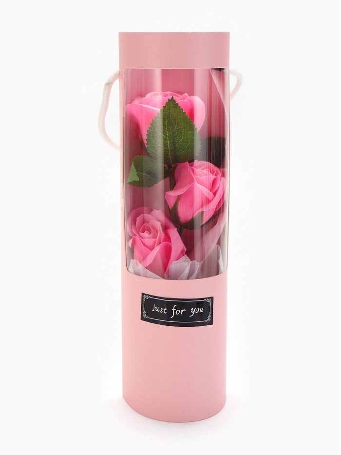 Подарочный букет из трех мыльных роз в колбе, розовые