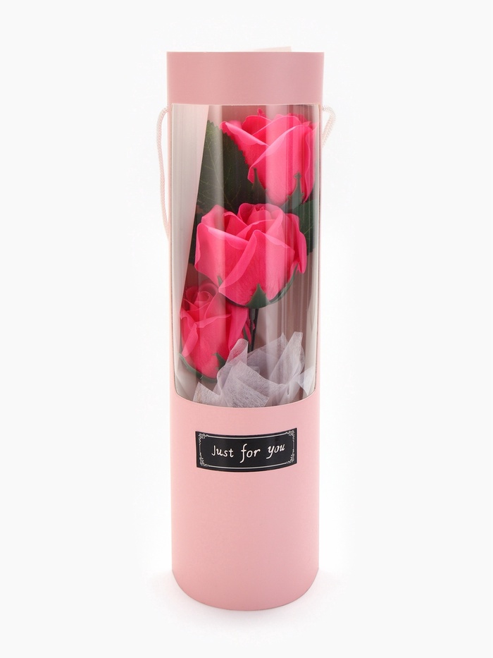 Подарочный букет из трех мыльных роз в колбе, фуксия