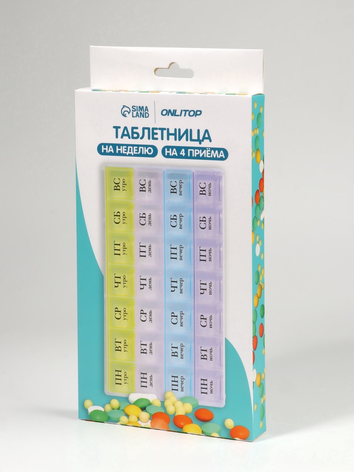 Таблетница - органайзер «Неделька», русские буквы, утро/день/вечер/ночь, 28 секций, 21.5×11×1.8 см, разноцветная