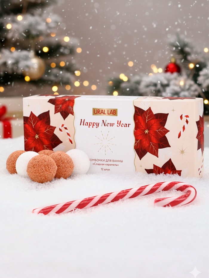 Бомбочки для ванны Happy New Year, аромат сладкая карамель, набор 12 шт. × 20 г, URAL LAB