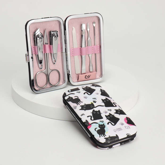 Набор маникюрный «Мур-мяу», 7 предметов, в футляре, чёрный, белый
