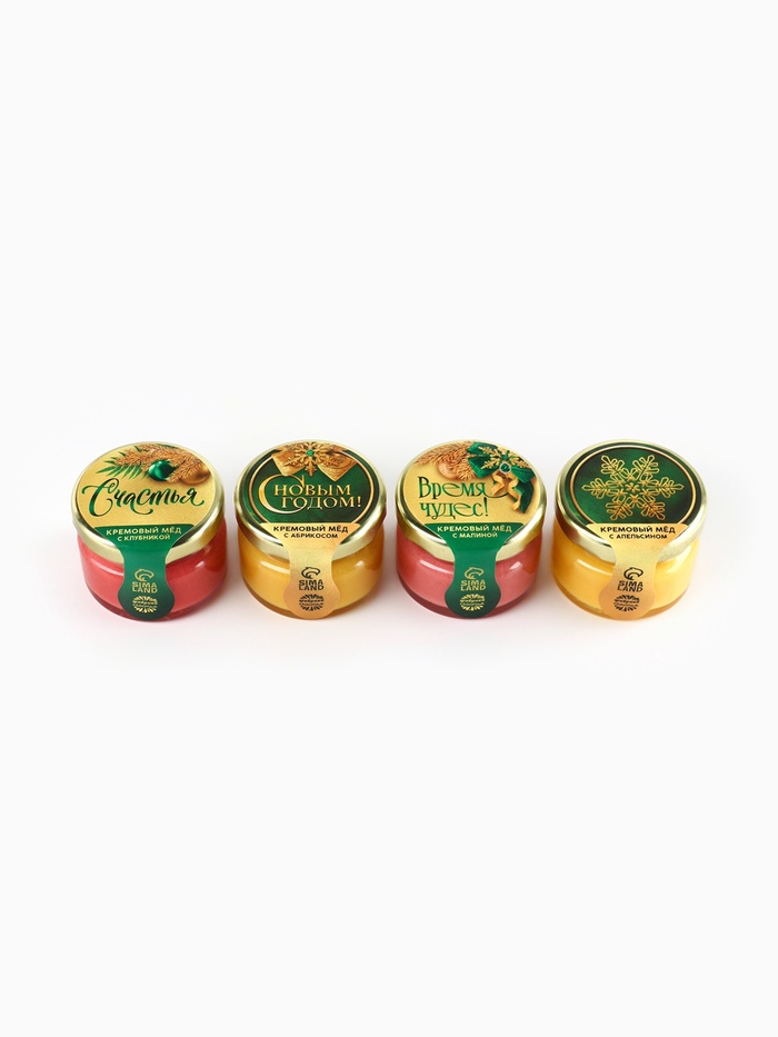 Мёд кремовый новогодний «Чудес», клубника, абрикос, апельсин, малина, 120 г (набор 4 шт.×30 г).