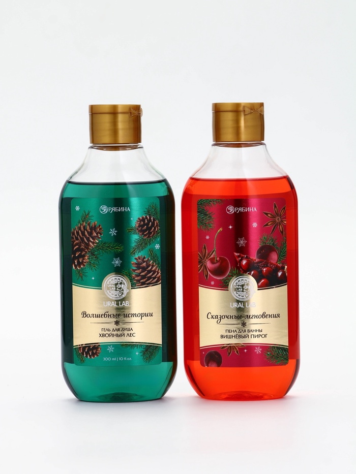 Подарочный набор новогодний в деревянной корзине: гель для душа, пена для ванны и полотенце, аромат хвойный лес и вишнёвый пирог, URAL LAB