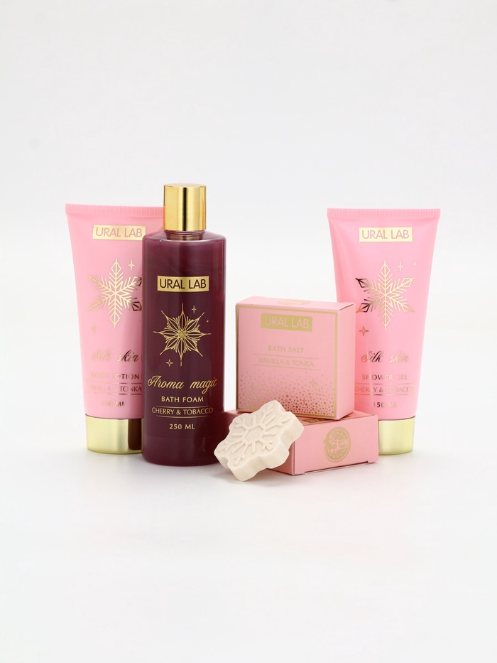 Подарочный набор новогодний, гель для душа, лосьон, пена, соль для ванны 2 шт., бомбочка, URAL LAB
