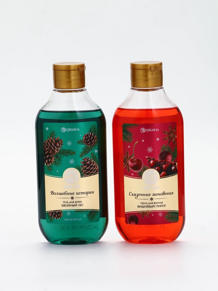 Подарочный набор новогодний в деревянной корзине: гель для душа, пена для ванны и полотенце, аромат хвойный лес и вишнёвый пирог, URAL LAB