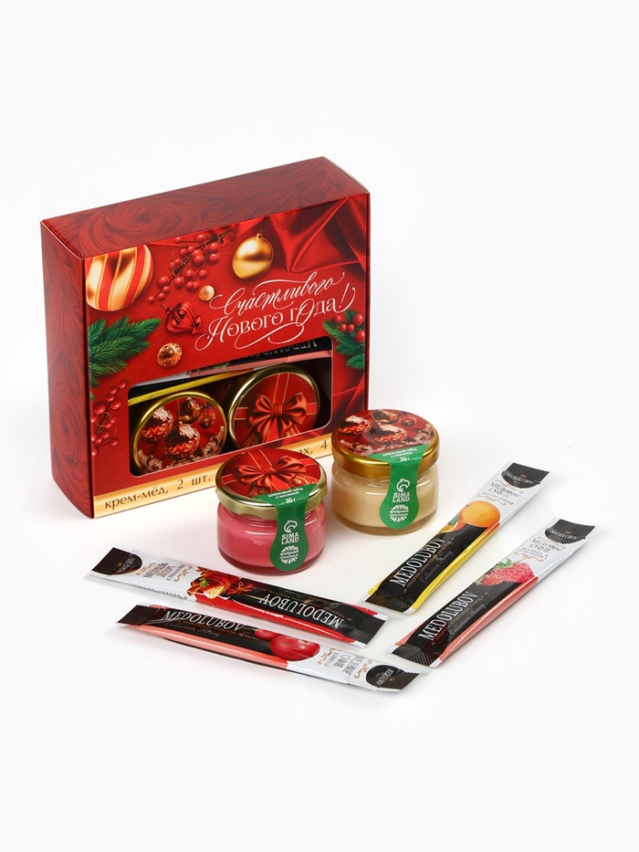 Подарочный набор новогодний «Счастливого нового года»: крем-мёд 2 шт., мёд в стиках 4 шт.