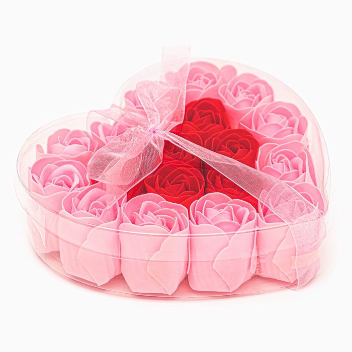 Подарочный набор в форме сердца из красно-розовых мыльных роз, в коробке, 18 шт.