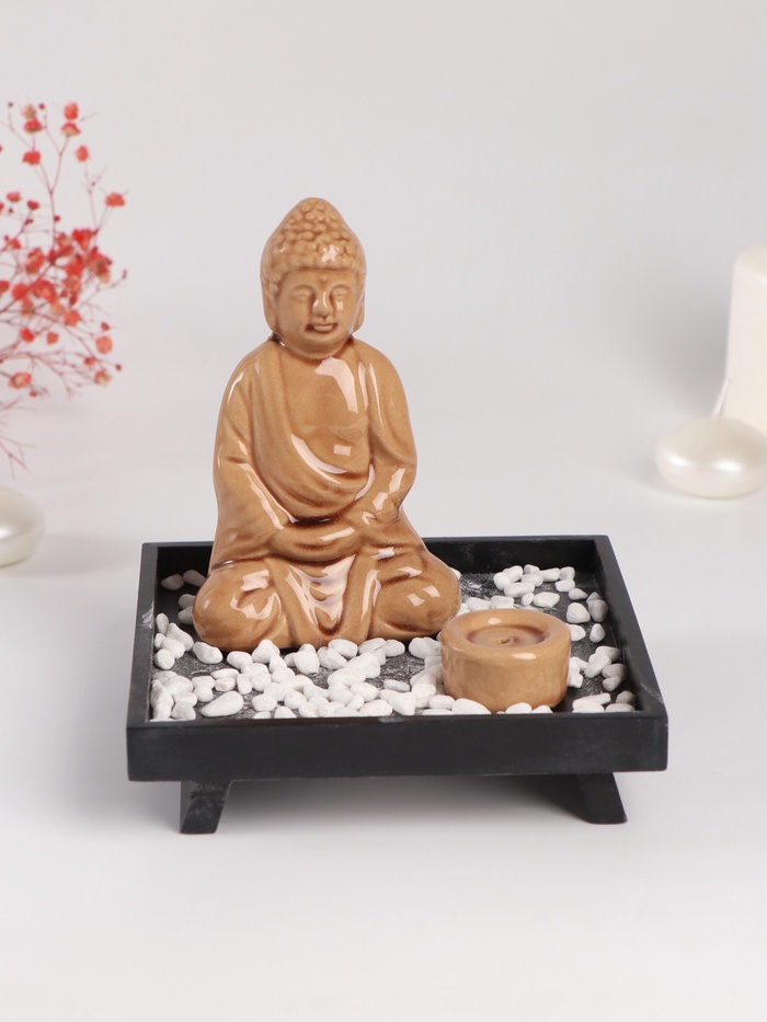 Подставка для благовоний «Будда: медитация», керамика, дерево, беж, 14×14×14.5 см