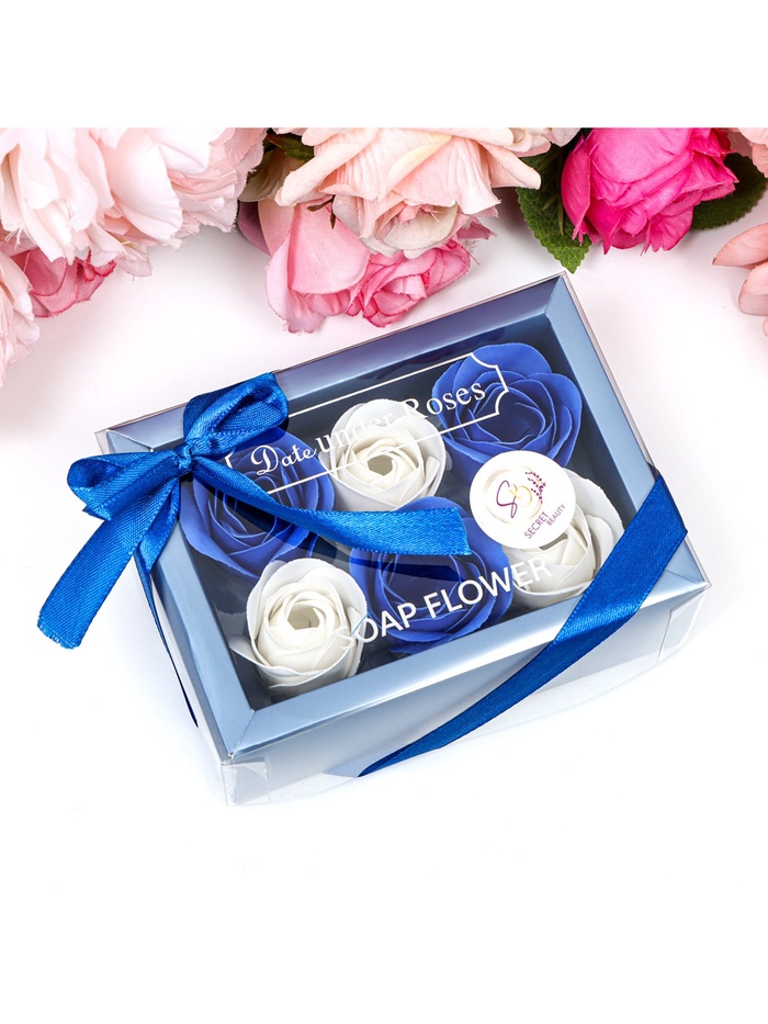Мыльные розы, белые и синие, набор 6 шт., в коробке