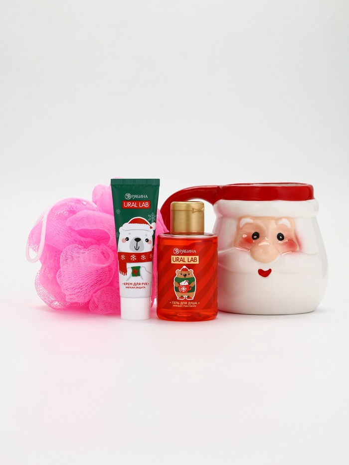 Подарочный набор новогодний «Дед Мороз», гель для душа, кружка, мочалка и крем для рук, URAL LAB