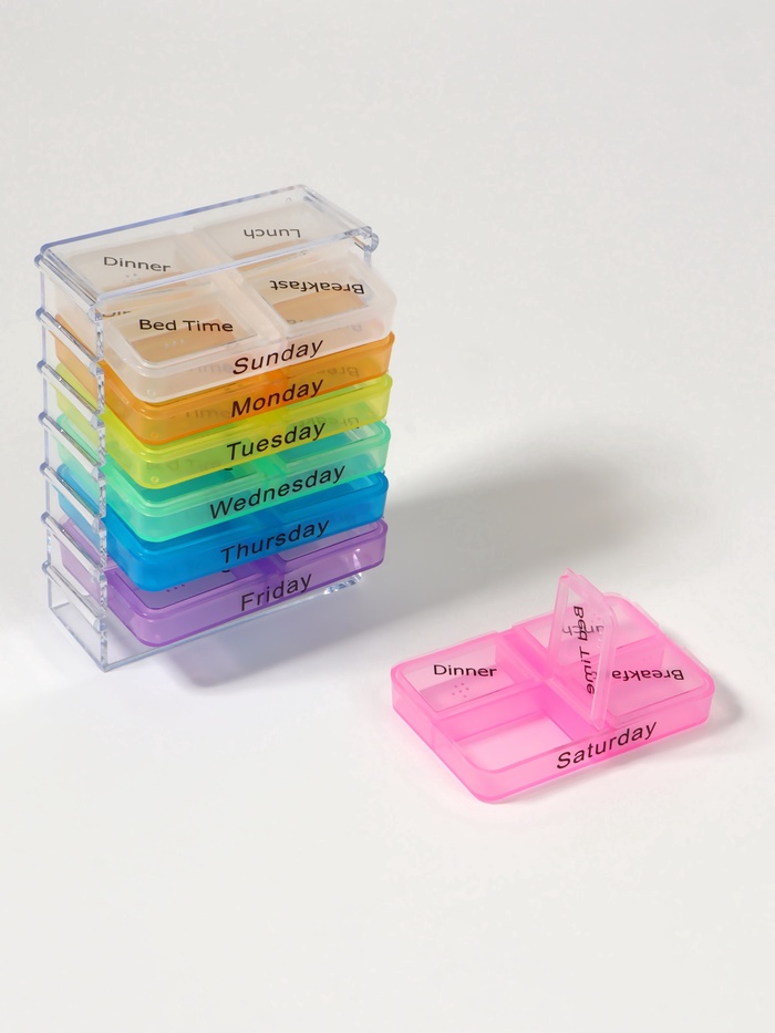 Таблетница-органайзер «Неделька», английские буквы, утро/день/вечер/ночь, 10×7.5×4 см, 7 контейнеров по 4 секции, разноцветный