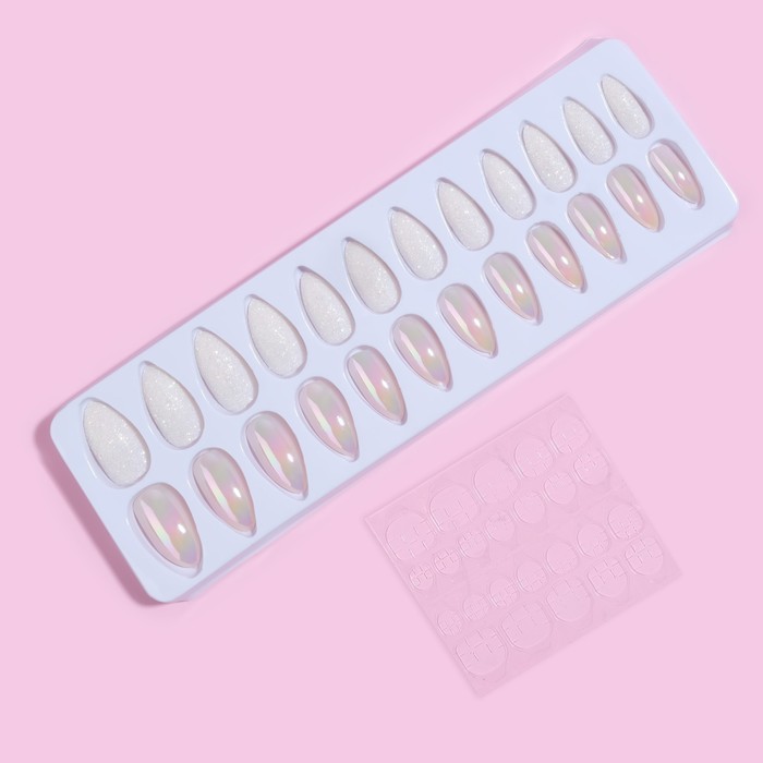 Накладные ногти, 24 шт., с клеевыми пластинами, форма миндаль, с блёстками, голографические, белые