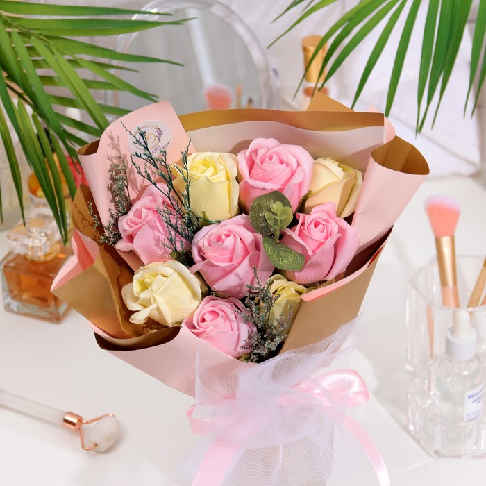 Букет мыльных роз, премиальный, розово-желтый, 9 шт.