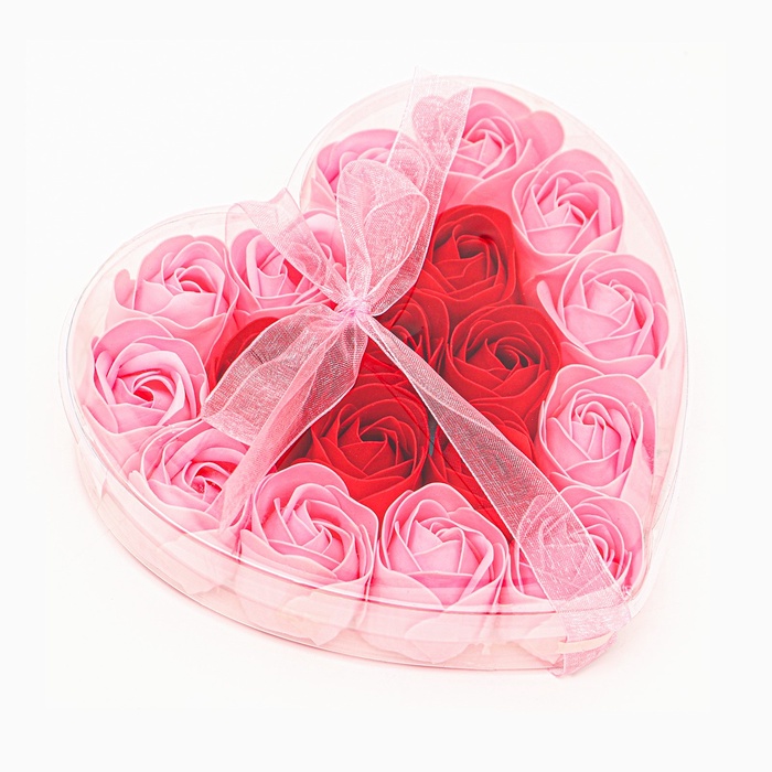 Подарочный набор в форме сердца из красно-розовых мыльных роз, в коробке, 18 шт.