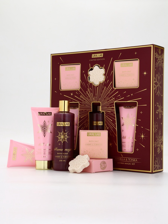 Подарочный набор новогодний, гель для душа, лосьон, пена, соль для ванны 2 шт., бомбочка, URAL LAB