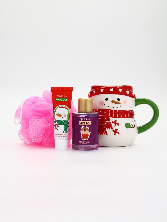 Подарочный набор новогодний «Снеговик», гель для душа, кружка, мочалка и крем для рук, URAL LAB