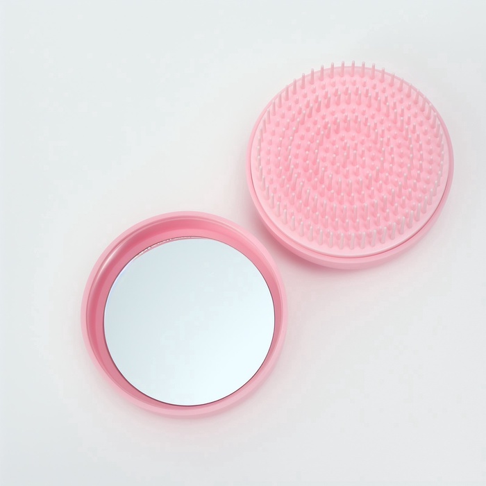 Расчёска массажная, круглая, складная, с зеркалом, d=7.5 см, розовая