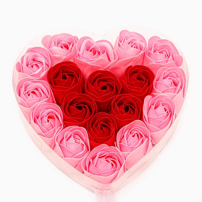 Подарочный набор в форме сердца из красно-розовых мыльных роз, в коробке, 18 шт.