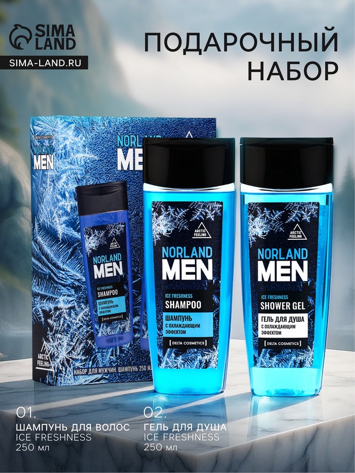 Подарочный набор мужской Norland Men Ice Freshness, гель для душа 250 мл, шампунь 250 мл