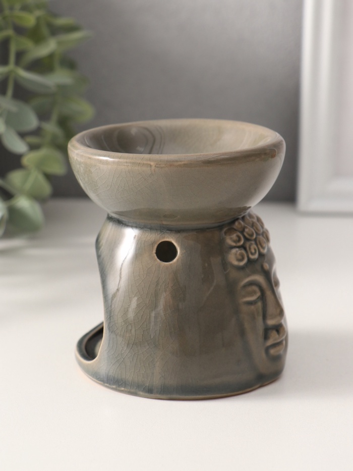 Аромалампа для эфирных масел «Лик Будды», керамика, серая, 8×8×9 см