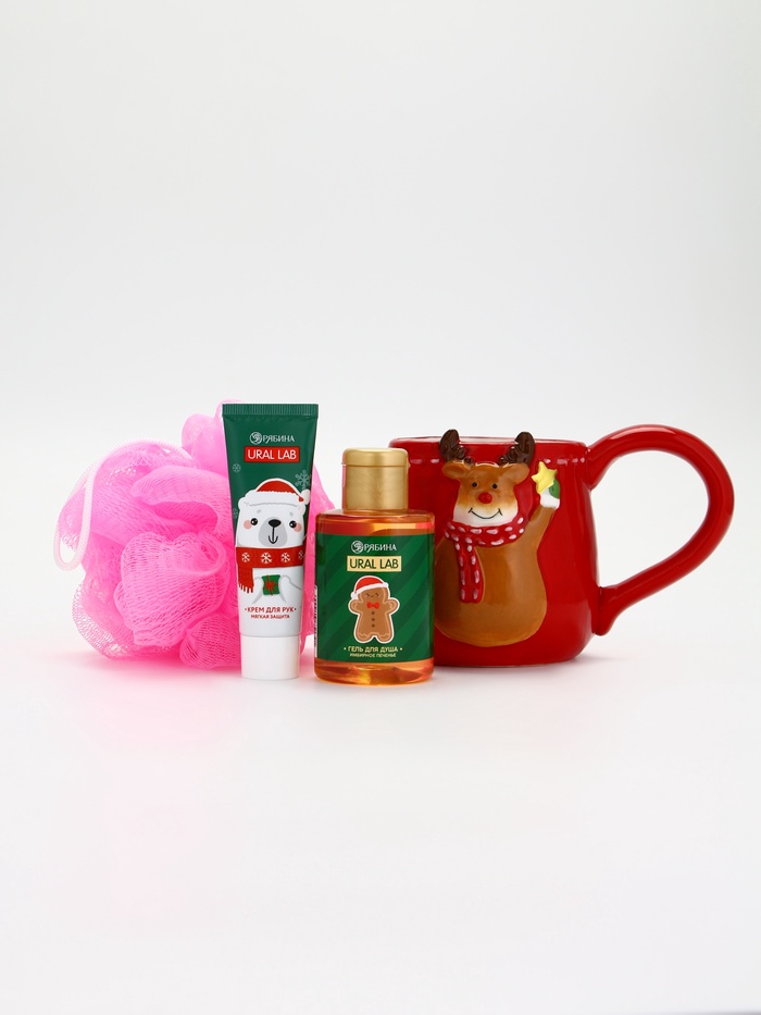 Подарочный набор новогодний «Олень», гель для душа, кружка, мочалка и крем для рук, URAL LAB