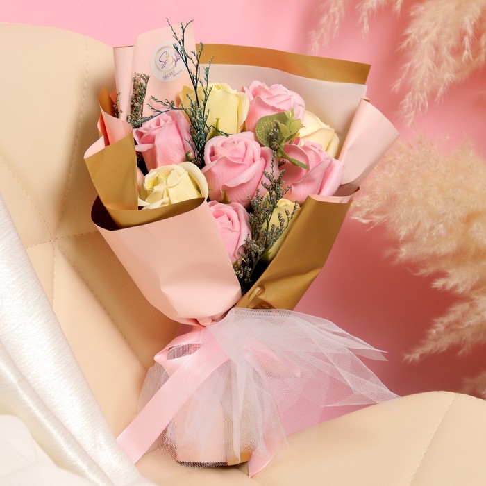 Букет мыльных роз, премиальный, розово-желтый, 9 шт.