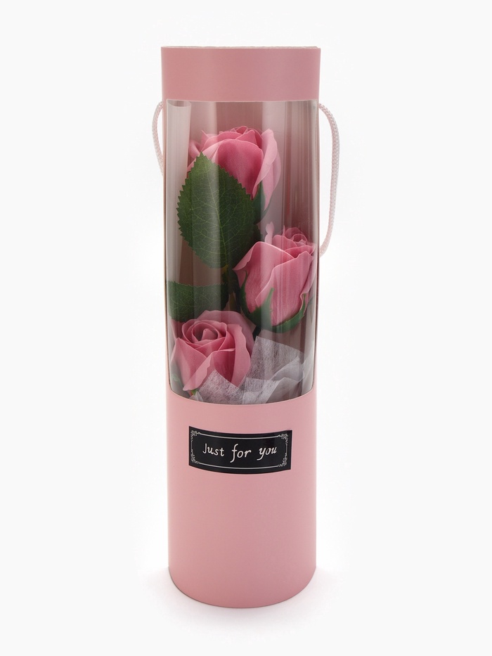 Подарочный букет из трех мыльных роз в колбе, дымно-розовые