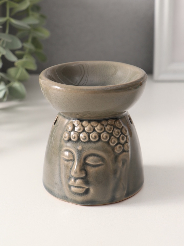 Аромалампа для эфирных масел «Лик Будды», керамика, серая, 8×8×9 см
