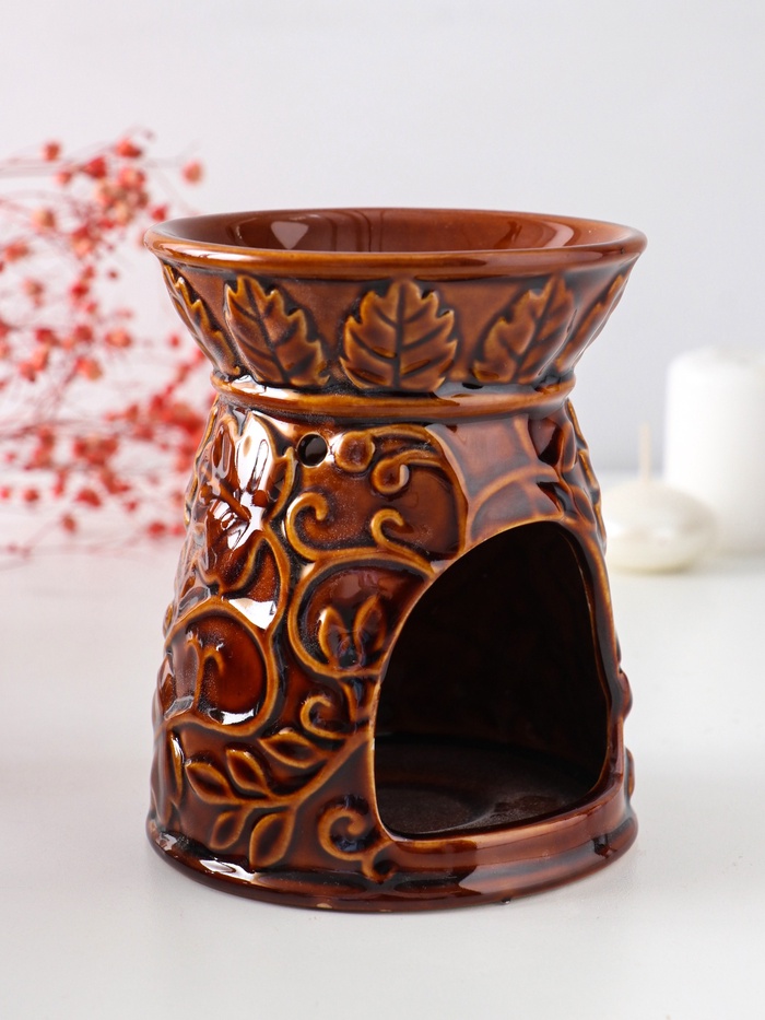 Аромалампа для эфирных масел «Растительный узор», керамика, карамель, 9.5×9.5×12 см