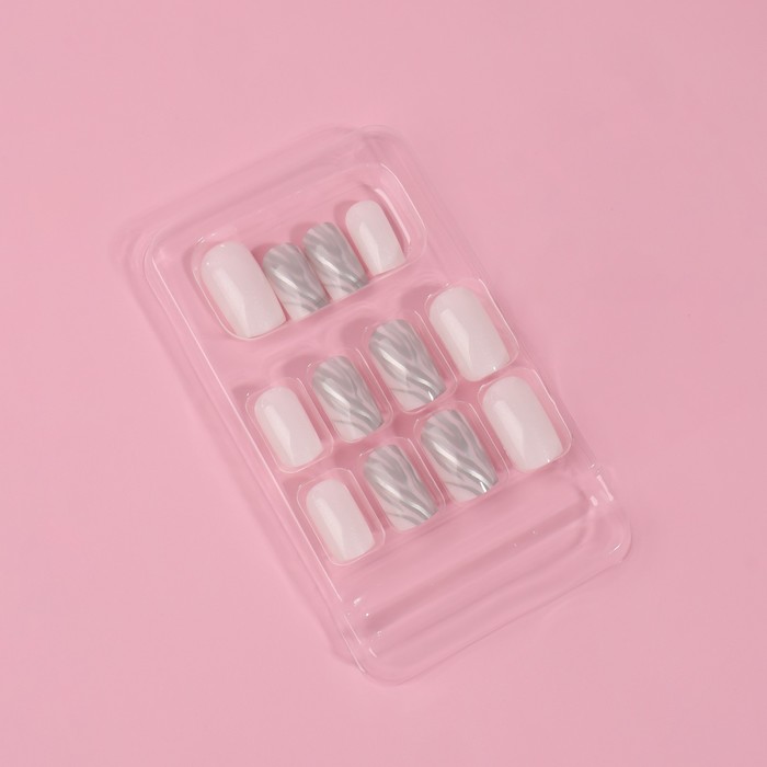 Накладные ногти «Зебра», 24 шт., с клеевыми пластинами, форма мягкий квадрат, белые, серебристые