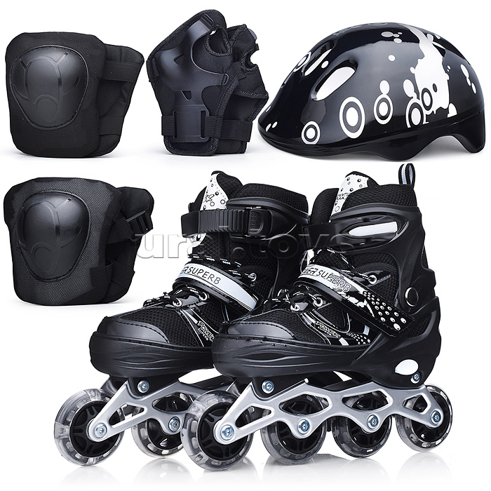 Ролики детские, размер S, черные (со шлемом и защитным снаряжением)