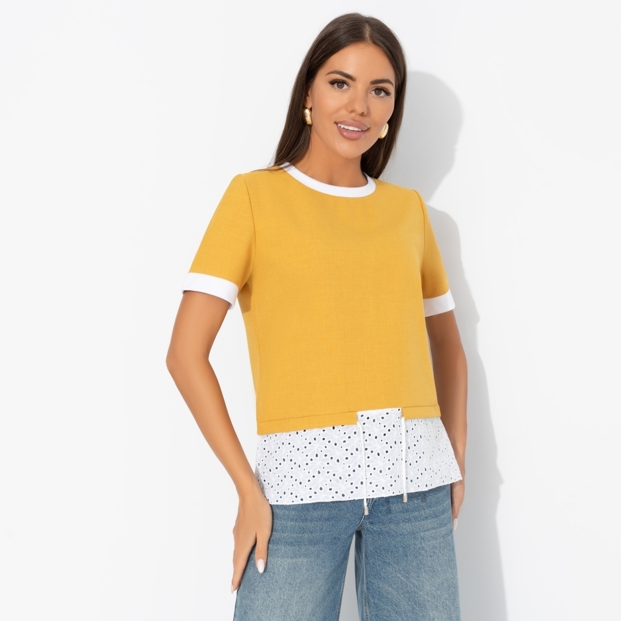 СТ. ЦЕНА 1390 руб//Футболка комбинированная с шитьём, Романтика с перчинкой (горчичная)