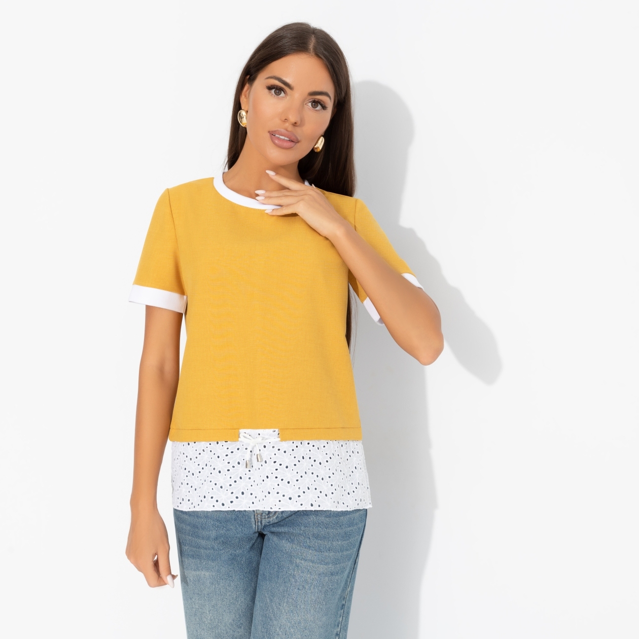 СТ. ЦЕНА 1390 руб//Футболка комбинированная с шитьём, Романтика с перчинкой (горчичная)