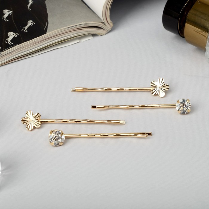 Невидимки для волос «Кварта», 5 см, набор 4 шт., цветочки стразы, золото