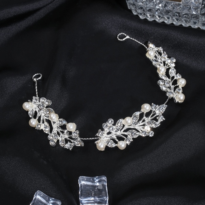 Аксессуар для волос «Никки», веточки с бусинами, 17 см, серебро