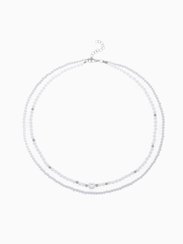 Бусы с жемчугом «Бусина», два ряда №4+6, белые в серебре, 50 см