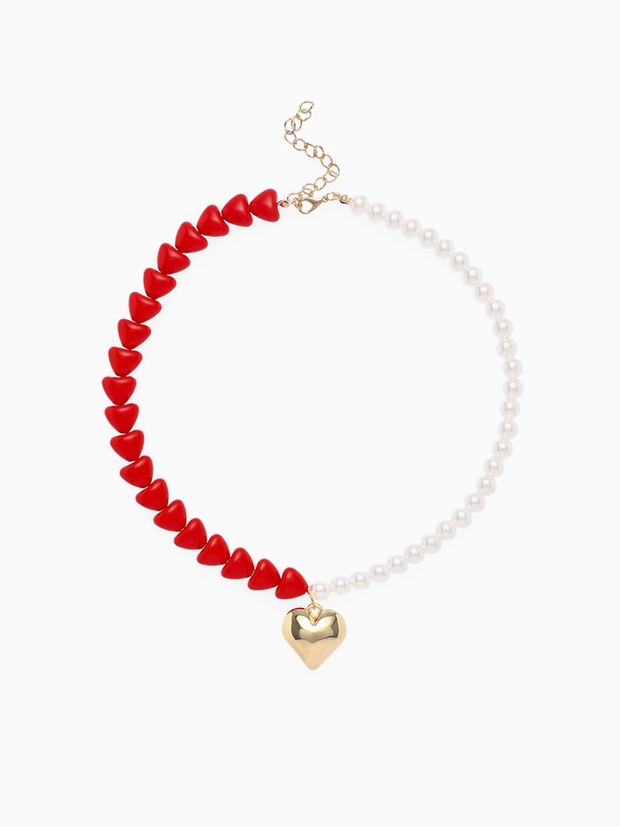 Бусы с жемчугом «Сердце», красно-белый в золоте, 45 см