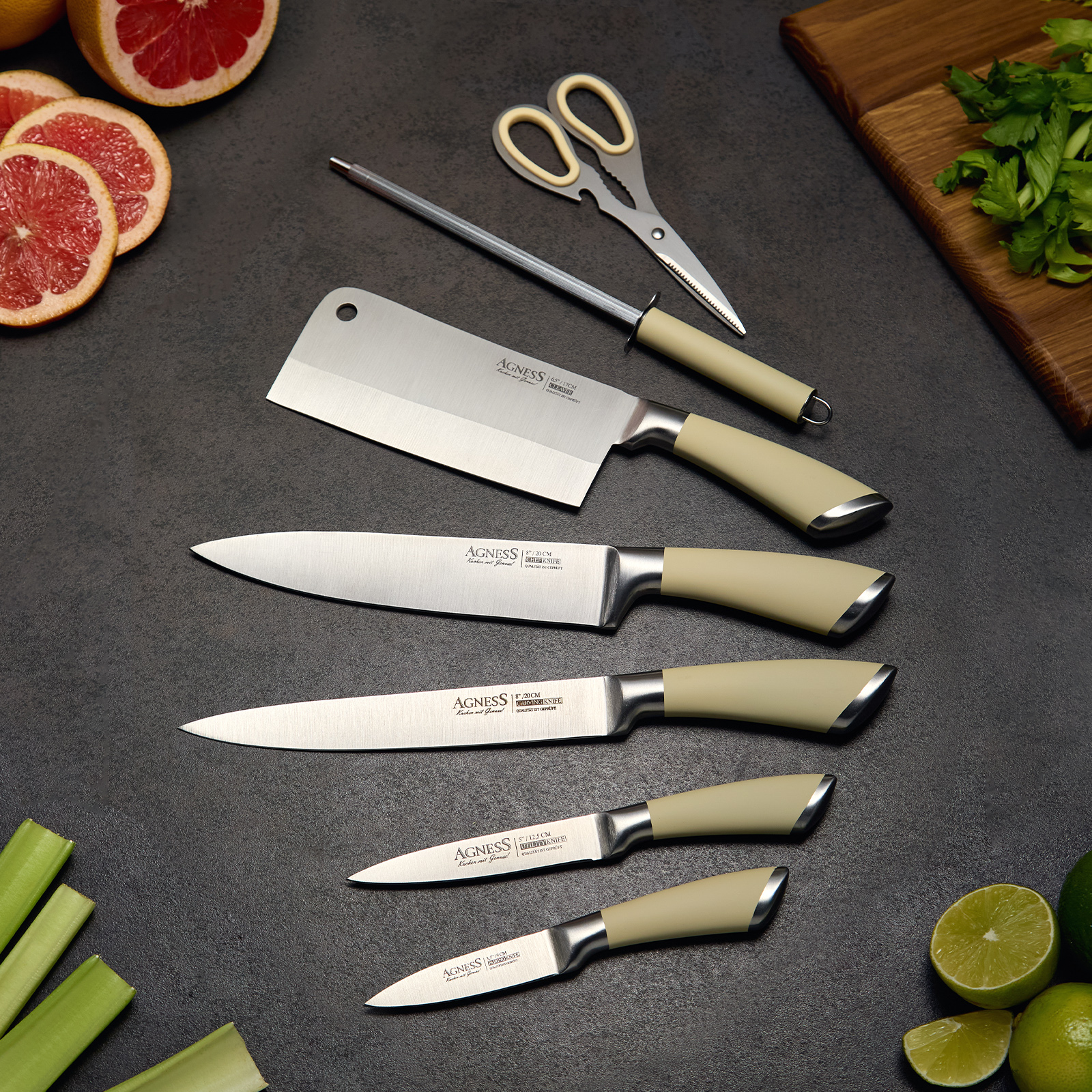 НАБОР НОЖЕЙ AGNESS НЖС НА ПЛАСТИКОВОЙ ВРАЩАЮЩЕЙСЯ ПОДСТАВКЕ 8 ПР. (КОР=6НАБОР.)