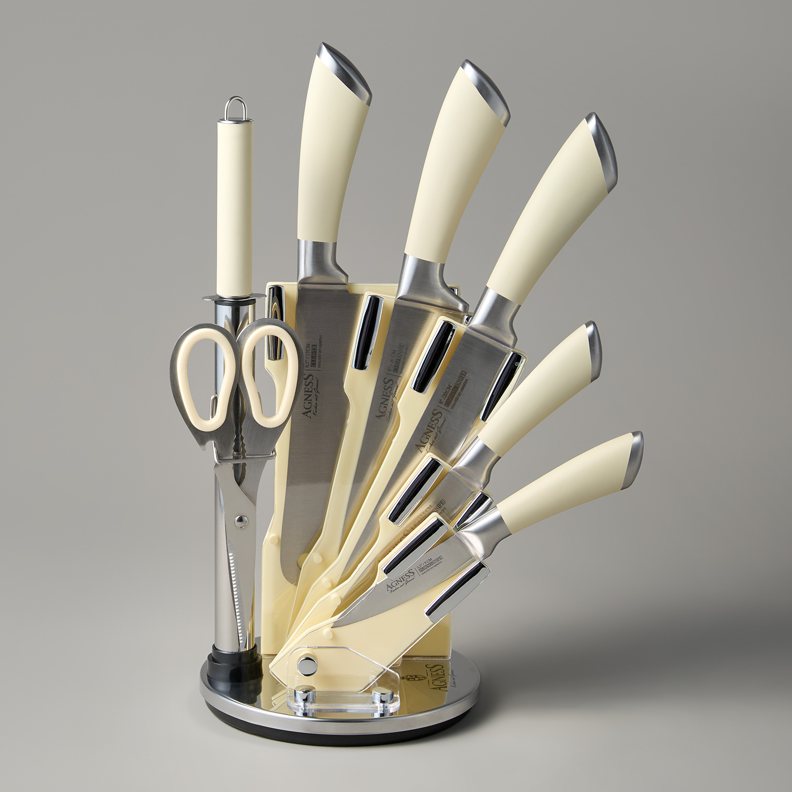 НАБОР НОЖЕЙ AGNESS НЖС НА ПЛАСТИКОВОЙ ВРАЩАЮЩЕЙСЯ ПОДСТАВКЕ 8 ПР. (КОР=6НАБОР.)