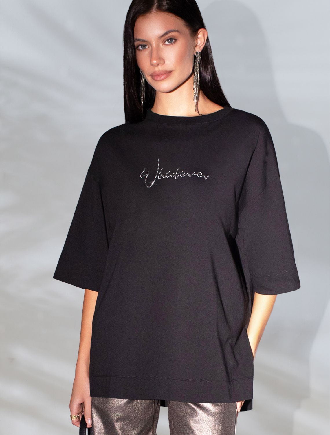 Футболка оверсайз с принтом стразами из премиального хлопка с эластаном