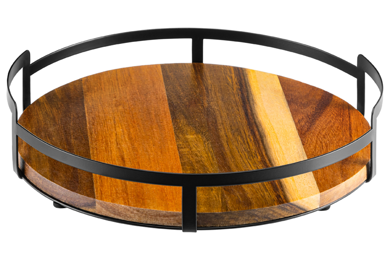 БЫЛО 1686 руб!! Поднос 28*28*6,5 с металлическими ручками, круглый, акация