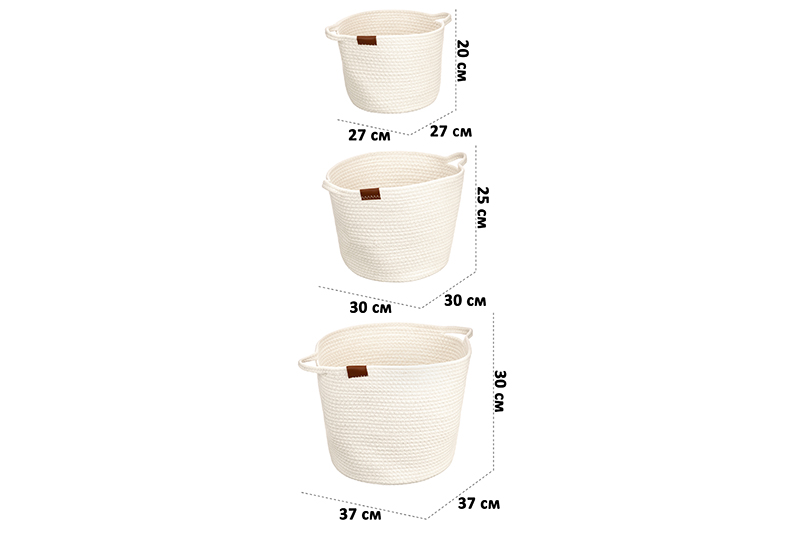 БЫЛО 3418 руб!! Набор 3 текстильных корзин д/хранения 27*27*20 см, 30*30*25 см, 37*37*30 см, молочный